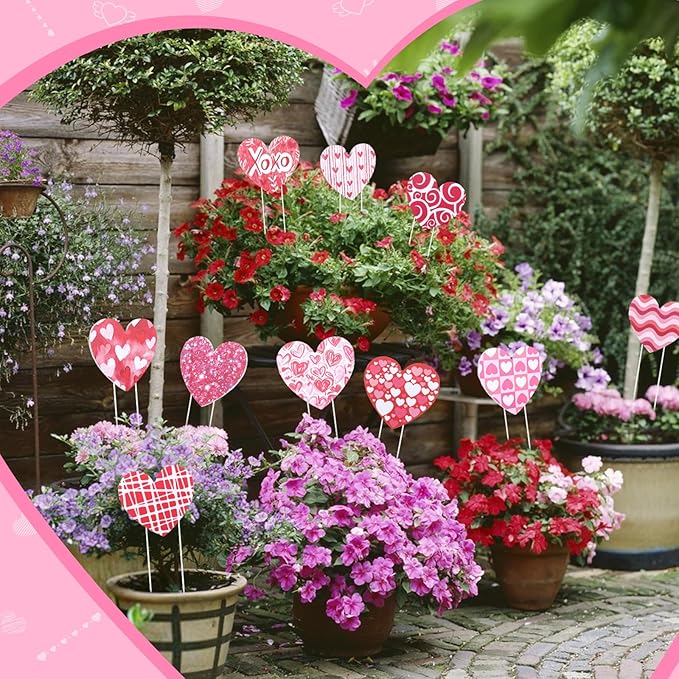 10 Pcs Valentine’s Day Heart Planter Stakes - 11.8" Double Side Heart Decorative Garden Yard Stakes Valentine's Day Outdoor Decor for Indoor Outdoor Patio Planter Pot Lawn Pathway Wedding Decor