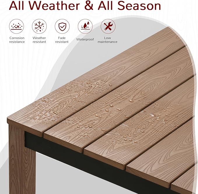 Stoog 7-Piece All-Weather Patio Dining Set, HIPS & Aluminum Outdoor Table with Umbrella Hole, 6 Waterproof Chairs, Fade & Rust Resistant, for Backyard, Garden, Deck, Teak