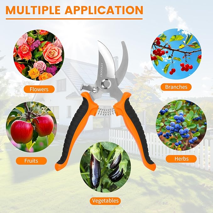 7.5" Gardening Pruning Shears, Soft Handle Pruning Shears, Garden Scissors, Plant Trimming Scissors, Bonsai Tools, Gardening Tools, for Plant, Flower, Tree - Orange