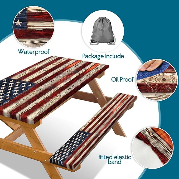 Picnic Table Cover with Bench Covers Elastic Edges, American Flag Wooden Camper Fitted Table Cover, Outdoor Camping Essentials, Waterproof Camping Fitted Tablecloth with Drawstring Bag, 96In 3PCS