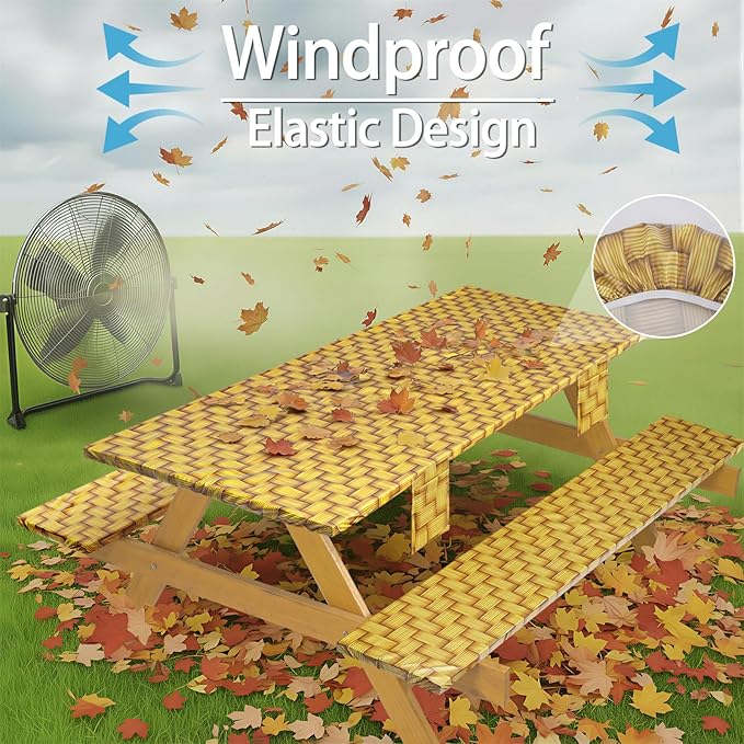Fitted Picnic Table Cover with Chair Covers Elastic Water Resistant Camping Tablecloth for 6 Foot Rectangle Tables Garden Patio Outdoor Organization Road Trip Hiking Motorhome Essential Gift