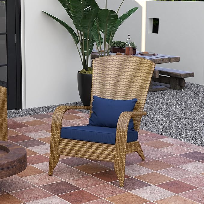 Outsunny Patio Wicker Adirondack Chair, Outdoor All-Weather Rattan Fire Pit Chair with Soft Cushions, Tall Curved Backrest and Comfortable Armrests for Deck or Garden, Dark Blue