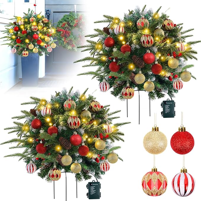 2 Pack Christmas Tree Urn Filler Battery Operated Pre-lit Xmas Pine Trees with Christmas Balls Tripod Stake LED Lights for Porch Yard Garden Outdoor Holiday Decorations