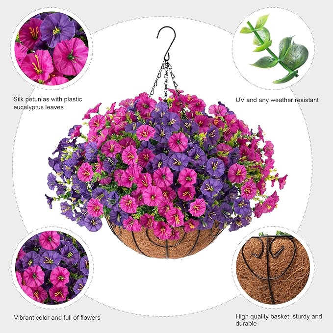 Ivydale 2 Set Artificial Flowers Hanging Baskets for Outdoors Fake Spring Plants, 24 Pcs UV Resistant Faux Silk Morning Glory with 2 Hanging Planters Look Real for Outside Porch Patio Outdoor Decor