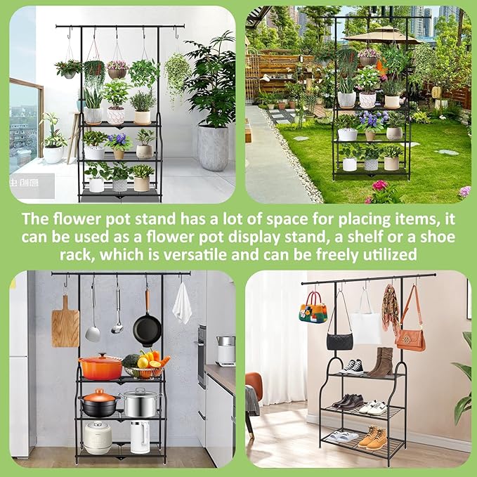 3 Tier Metal Plant Stand Indoor Outdoor, Heavy Duty Metal Hanging Plant Shelf for Multiple Flower Planter Holder, Tall Plant Holder with Plant Hanger for Garden, Living Room, Balcon