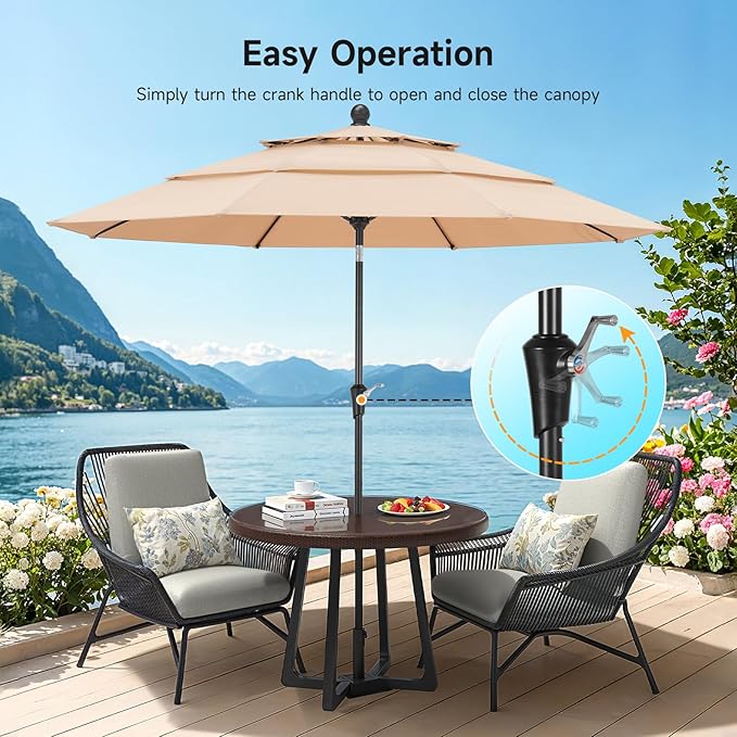 10 FT Patio Umbrella, 3 Tier Outdoor Table Umbrella with 8 Sturdy Glass Fiber Ribs and Push Button Tilt, Outdoor Patio Umbrellas for Market Pool Garden Backyard, 1.5" Pole, Champagne (No Base)