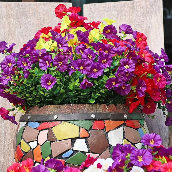 16PCS Artificial Fake Outdoor Flowers Plants, Faux Silk Realistic Morning Glory Floral Arrangement Planter UV Resistant for Porch Patio Window Box Balcony Garden Decor (Eucalyptus Grass 4 Colors)