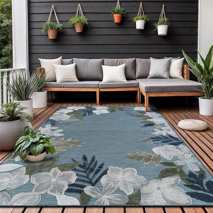 Outdoor Rug 5x7 Washable Area Rugs Indoor Outdoor Carpets Aqua Border Floral Non Shedding Waterproof Easy Clean Patio Deck Porch Living Room Bedroom Garden RV (5 X 7 Aqua)