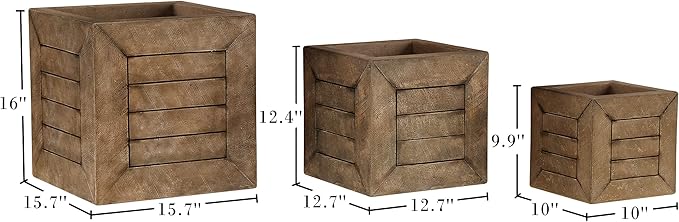 Pure Garden Plant Pots - Wood-Look Planter Set of 3-15.7”, 12.7” and 10” Square Large Outdoor Planters - Rustic Flower Pots Outdoor (Brown)