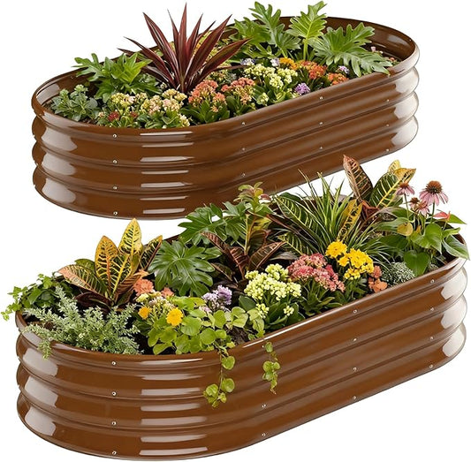 Raised Garden Bed Outdoor 2 Sets Oval Large Coating Metal Planter Box with No Heavy Metal for Vegetables, Flowers, Herbs