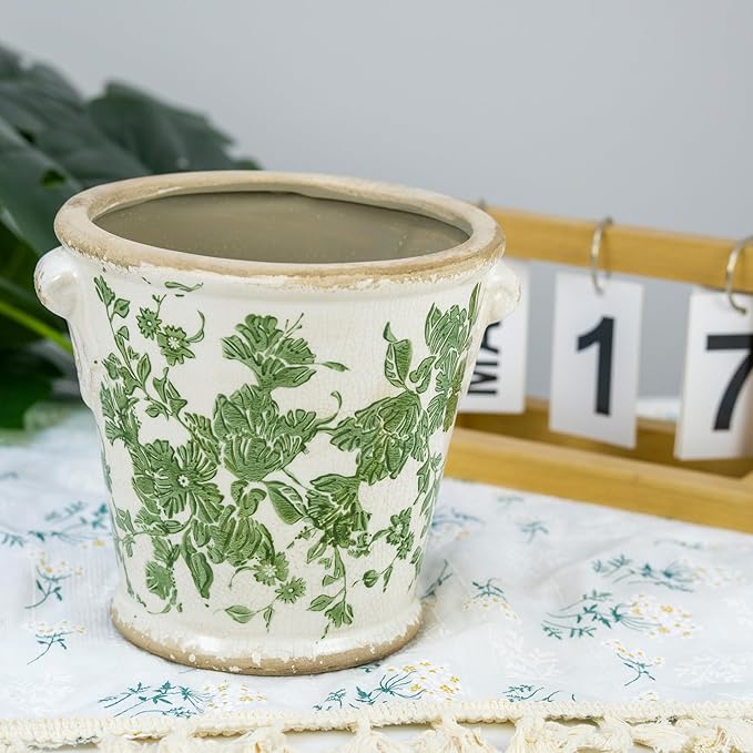 Vintage Ceramic Flower Pot with Drainage Holes and Handle,Ice Crack Country Rustic Planters for Indoor Outdoor,Tuscan Decor,Home and Garden Decor,Gardening Present (Green)