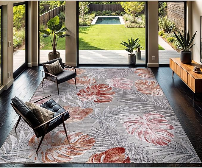 CAMILSON Indoor Outdoor Rug, Multi 7’10”x10’ Leaf Tropical Botanical Area Rugs for Indoor and Outdoor patios, Easy-Cleaning Non-Shedding Living Room, Garden and Kitchen Washable Outside Carpet (8x10)