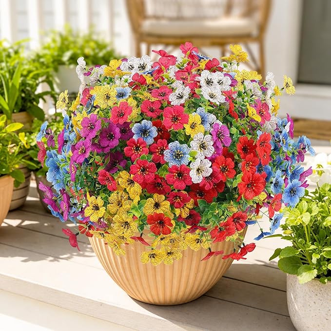 Artificial Spring Flowers Outdoor Faux Plants UV Resistant Fake Patio Flowers Plastic Greenery Plnats Outside Bulk for Spring Garden Hanging Planter Home Vase Decor, 36 Bundles (Multicolor)