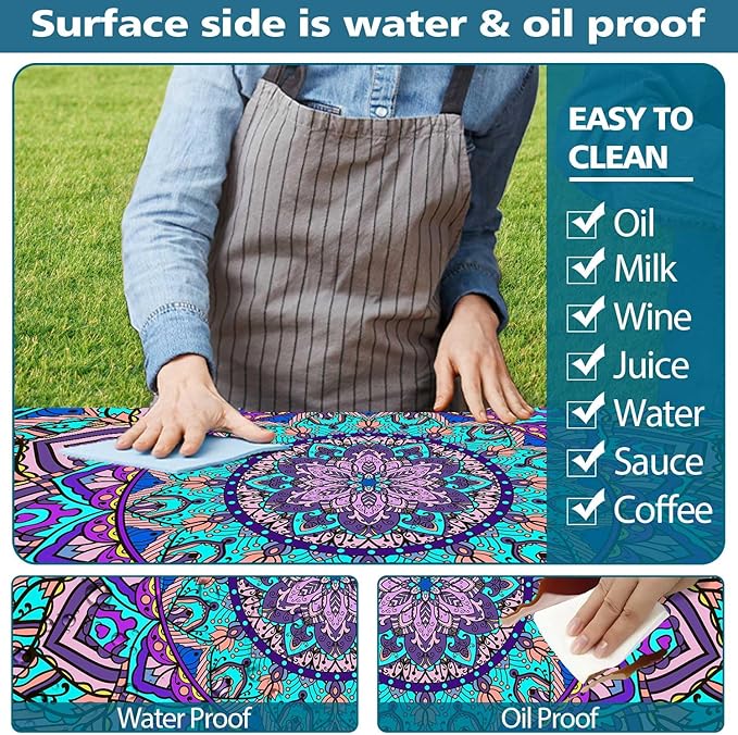 Picnic Table Cover with Bench Cover, Boho Table Covers with Elastic Waterproof Camping Tablecloth with Drawstring Bag, Outdoor Travel Rv Patio Camping Essentials, 60In 3PCS