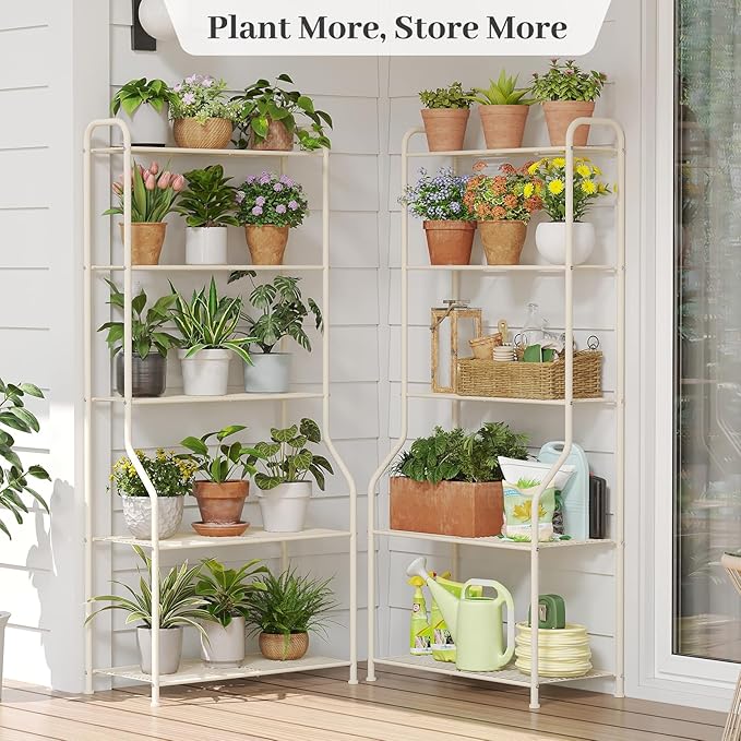 Plant Stand Indoor Outdoor for Multiple Plants, 5 Tier Tall Heavy Duty Metal Shelf, Large Flower Pot Holder Ladder for Garden, Patio, Living Room, Balcony, White