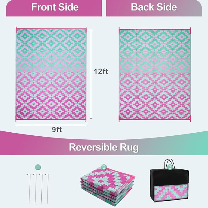 Wonnitar Outdoor Rug 9x12 Waterproof Reversible Plastic Straw Rug for Patio Clearance, Modern Outside Area Rug RV Rug for Camping, Indoor Outdoor Portable Mat for Deck Balcony Porch, Green/Pink