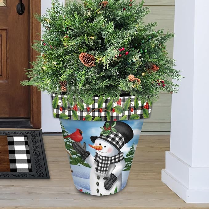 Briarwood Lane Winter Planter 14" x 15" x 15" Checkered Snowman Large for Winter Planter