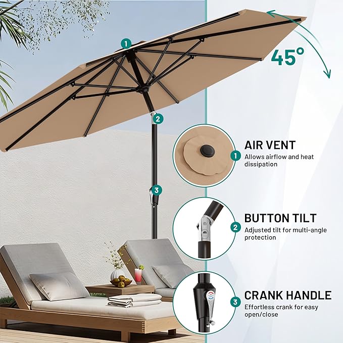 AreShark 9 FT Patio Umbrella for Outdoor, Outdoor Umbrella with Push Button Tilt and Crank, Outdoor Patio Umbrellas with 8 Sturdy Ribs for Market, Garden, Deck, Backyard, Pool (Beige)