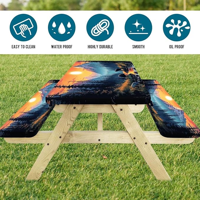 3PCS Picnic Table Cover with Bench Cover Bear Forest Sunset Pattern Camping Tablecloth Fitted Picnic Table Cover with Elastic Windproof Waterproof, Outdoor & Garden Camping Accessories 60IN