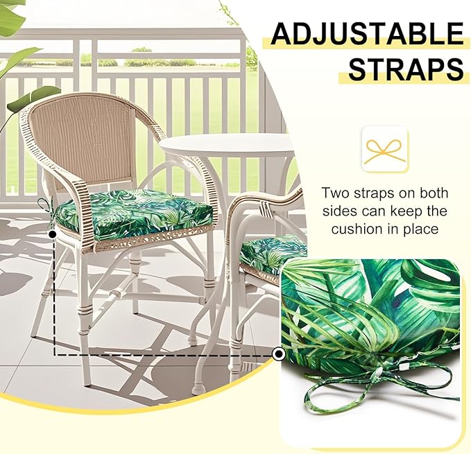 downluxe Outdoor Chair Cushions Set of 4 for Patio Furniture, Water-Resistant Patio Chair Cushions with Ties, High Density Foam Outdoor Seat Cushion, 17" X 16" X 2", Palm Leaves