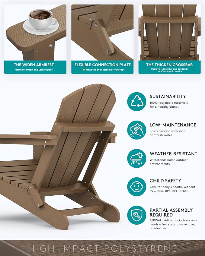 SERWALL Adirondack Chair Set of 8 Folding Adirondack Chairs with Cup Holder for Patio Garden Outdoors Fire Pit- Brown