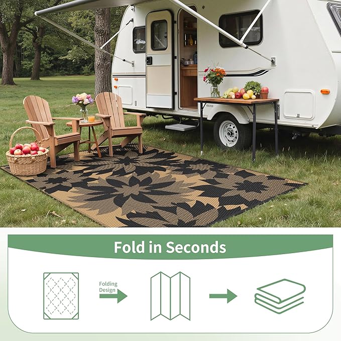 GENIMO Outdoor Rug 6' x 9' Waterproof for Patio Clearance, Reversible Plastic Straw Camping Mat, Light Weight Carpet for Rv, Camper, Deck, Porch, Picnic, Balcony, Beach, I.Black & Brown
