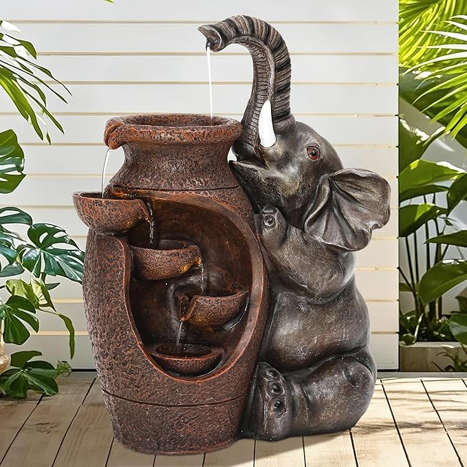 19" H Elephant Outdoor Water Fountain with LED Lights and Pump, Resin Garden Waterfall Feature for Patio, Porch, Yard