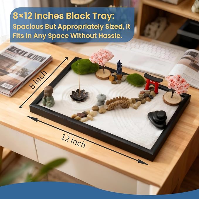 Zen Garden Kit for Desk, 12x8 Inch Sand Tray with 16 Accessories and 6 Tools, Japanese Meditation Mini Garden Set,Mini Meditation Decor for Adults, Stress Relief, Home & Office Decor, Unique Gift Set.