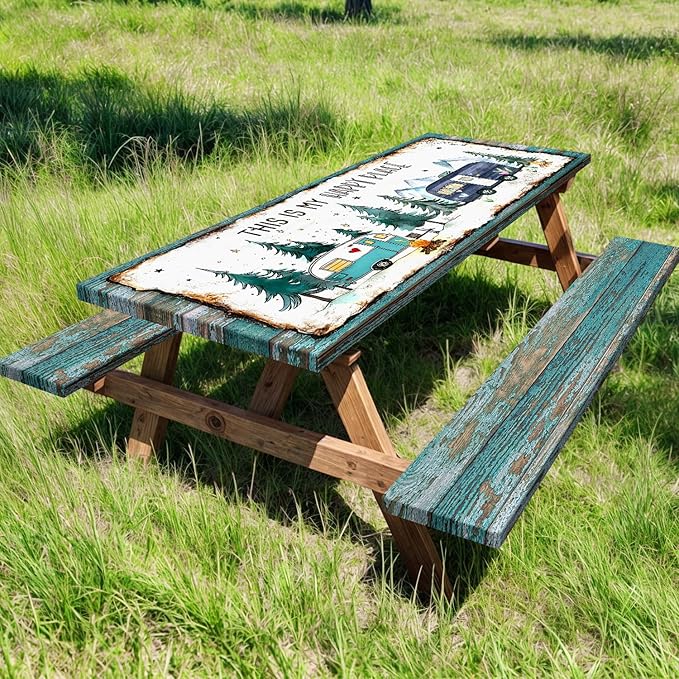 Picnic Table Covers with Bench Covers Camping Tablecloth Fitted Picnic Table Cover with Elastic Windproof Waterproof, Camping Accessories Outdoor, 96In 3PCS