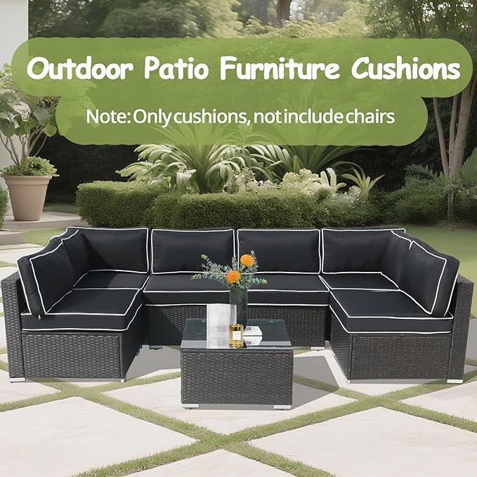 14Piece Outdoor Sofa Cushion Replacement, Patio Furniture Waterproof Cushion with Zippers, fit 6-Seat Outdoor Wicker Rattan Sectional Couch (Black + White Edge, 25.6"x25.6"x3.9")