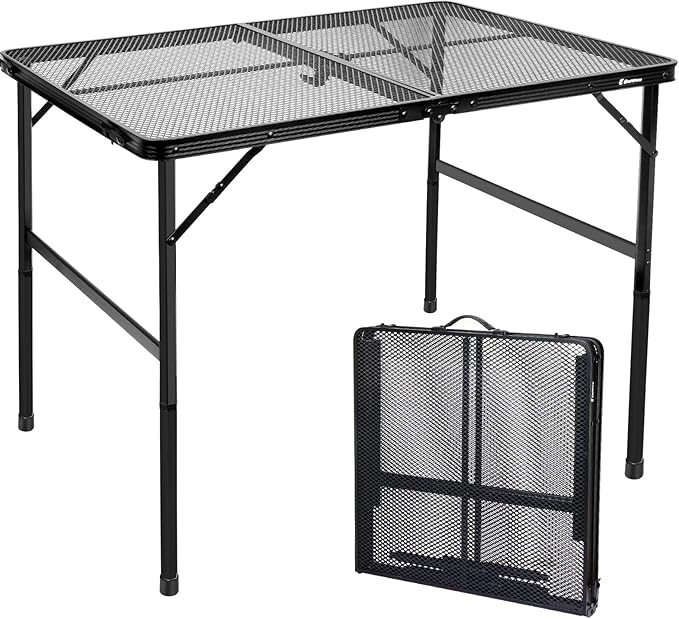 4 ft Folding Table with Adjustable Height (16.5" & 26"), Black Metal Mesh Table with Carry Handle, Portable for Outdoor BBQ, Grill, Family Gathering & Prep, Fits 4–8 People, 8.8 lb, Supports 66 lb