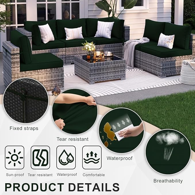 Patio Sectional Cushions, 14-Piece Replacement Cushions for Outdoor Furniture, Water-Resistant Outdoor Sofa Cushion for 6-Seat Rattan Wicker Sectional Conversation Sets (Dark Green)