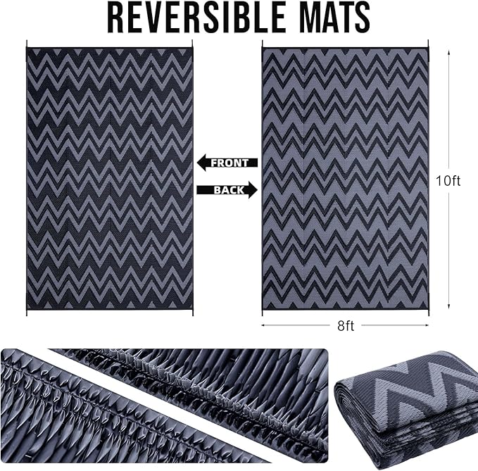 OLANLY Waterproof Outdoor Rug 8x10 ft Clearance, Reversible Outdoor Plastic Straw Rug, RV Mat, Indoor Outdoor Carpet for Patio, Camping, Balcony, Deck, Backyard, Black & Grey