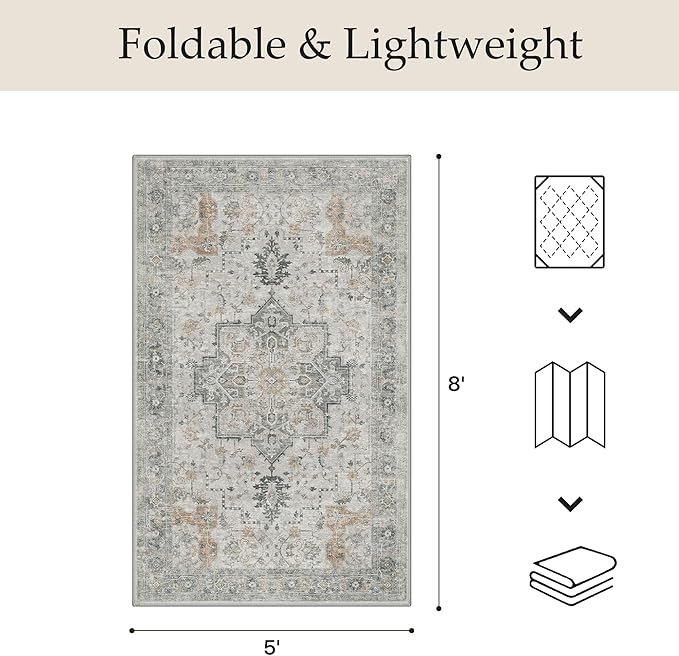 GENIMO Outdoor & Indoor Area Rug 5'x8', Waterproof, Non-Shedding, Easy Cleaning, Boho Mat for Patio, Living Room, Balcony, Dining Room, RV, Deck, Bedroom, Camping, Outside Carpet,Light Grey Brown