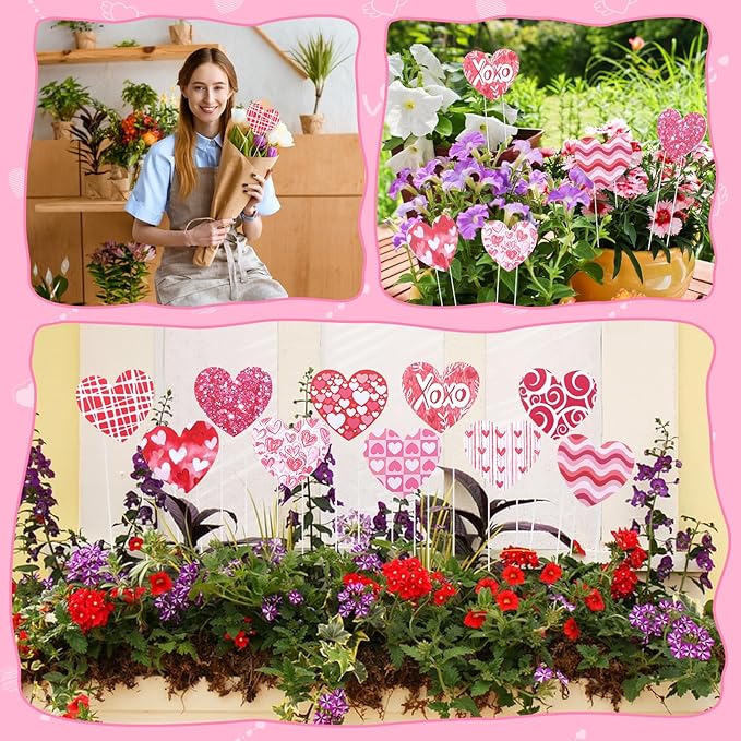 10 Pcs Valentine’s Day Heart Planter Stakes - 11.8" Double Side Heart Decorative Garden Yard Stakes Valentine's Day Outdoor Decor for Indoor Outdoor Patio Planter Pot Lawn Pathway Wedding Decor