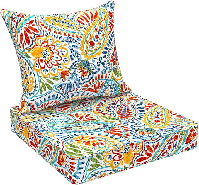 Outdoor Deep Seat Cushion Set, Water Repellent 24"x24" Patio Thick Cushions Replacement with Seat & Back Pillow for Patio Sofa, Wicker Chair, Couch - Paisley Multi