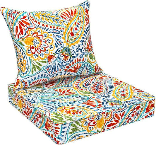 Outdoor Deep Seat Cushion Set, Water Repellent 24"x24" Patio Thick Cushions Replacement with Seat & Back Pillow for Patio Sofa, Wicker Chair, Couch - Paisley Multi