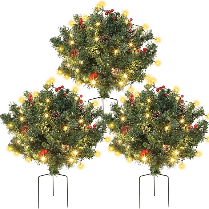 Hotop 3 Pack 18” Pre-lit Christmas Planter Filler Outdoor Christmas Tree Urn Fillers Decorations with Cones, Berries, Tripod Stake and LED Lights Realistic Artificial Planter for Holiday Decor
