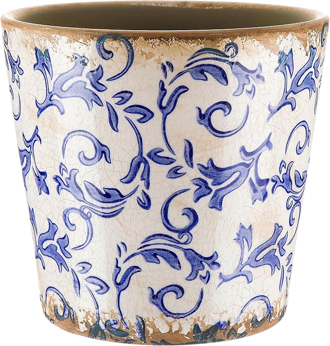 Farmhouse Ceramic Planter 5.5 Inch Large Plants Pot Crack White Blue Flowers Plant Pots with Drainage Hole Indoor Plants Kitchen Rustic Antique Decor Gift