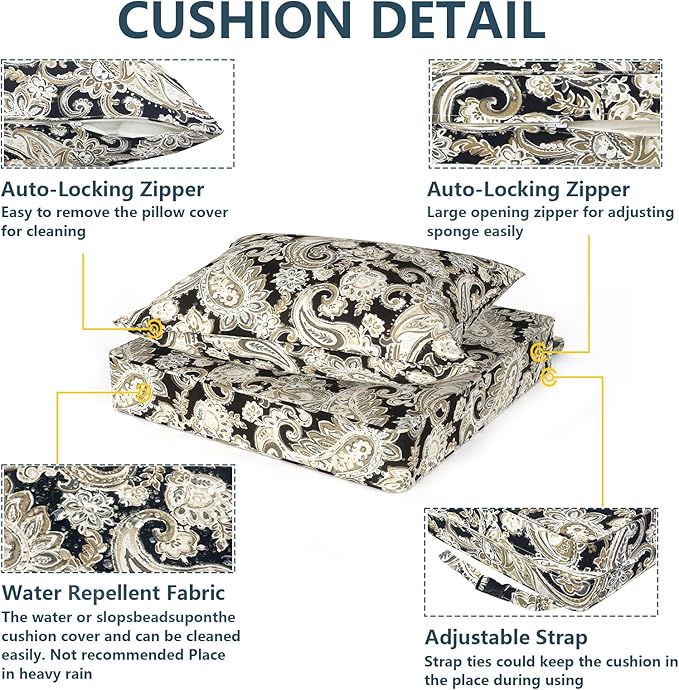 Outdoor Deep Seat Cushion Set, Water Repellent 22"x22" Patio Thick Cushions Replacement with Seat & Back Pillow for Patio Sofa, Wicker Chair, Couch - Paisley Black