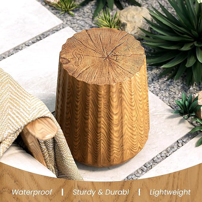 COSIEST Wooden Outdoor Side Table, Round MgO Concrete End Patio Side Table, Lightweight Cylinder Top Plant Stand with Rotund Base for Garden and Deck