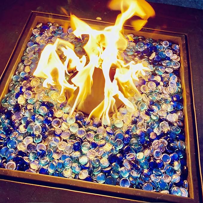 10LB Fire Pit Glass, Mixed Blue Flat Glass Marbles for Vase Fillers. Decorative Glass Pebbles for Fish Tank Fountains Garden Crafts Table Scatter and Home Decor