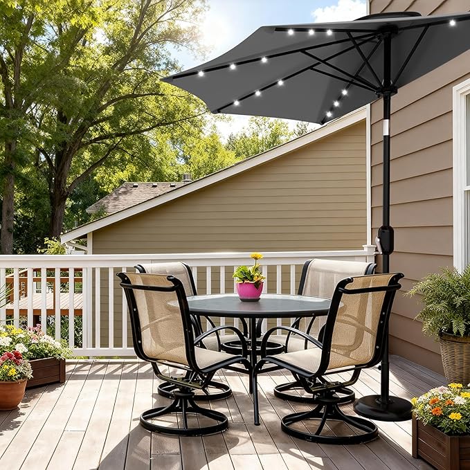Garvee Patio Umbrella 9FT - Half Umbrella Outdoor with Solar LED Lights and Smooth Crank Lift, Outdoor Shade Canopy for Patio, Backyard, Garden, Deck, Balcony -Gray