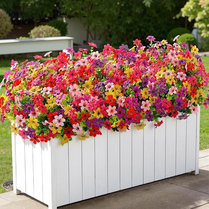 SHareconn 24 Bundles Artificial Flowers for Outdoors Spring Decoration, Fake Silk Realistic Faux Plants UV Resistant for Outside Planter Porch Patio Indoor Decor, RedRosePurpleYellowPinkDeeppurple