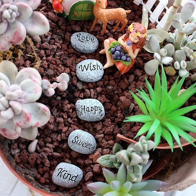 5pcs Inspirational Word Stones, Fairy Garden Accessories, Resin Miniature Pebbles for Fairy Garden Decor, Tiny Positive Message Rocks, Cute Plant Pot Ornaments