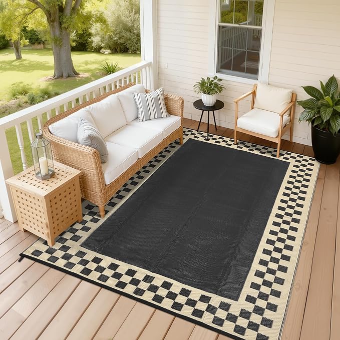 Garvee Outdoor Rug 10x14 Waterproof Fade-Proof Reversible Patio Rug Modern Neutral Outdoor Carpet, Plastic Straw Weather Resistant Large Camping Carpet for Garden Backyard Balcony, Black & Beige