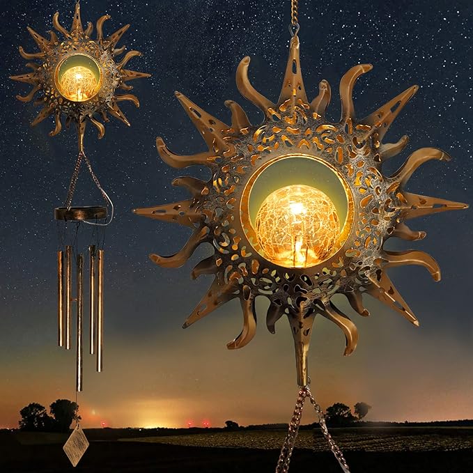 Sun Wind Chimes Solar Retro Windchimes Sympathy Gift, Gentle Chimes, Waterproof Wind-Chimes Outdoor, Outdoor Hanging Decor with Soft Sun Glow, Gifts for Grandma, Mom-Gifts, Memorial WindChimes.