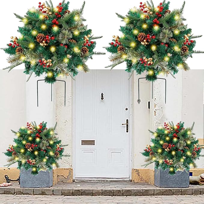 2 Pack Pre-lit Artificial Christmas Tree Urn Filler, Battery Operated Lighted Xmas Tree with Pinecones & Berries, Holiday Planter Filler Outdoor Waterproof Decor for Porch, Garden, Yard