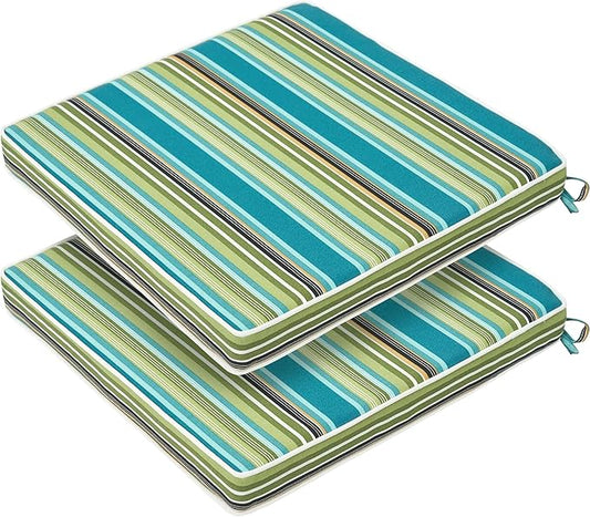 FUNHOME Indoor/Outdoor Chair Cushions Set of 2, 18 x 18 x 2.5 Inch Square Corner Outdoor Cushions for Patio Furniture,2 Packs Patio Chair Cushions with Ties-Green Stripe