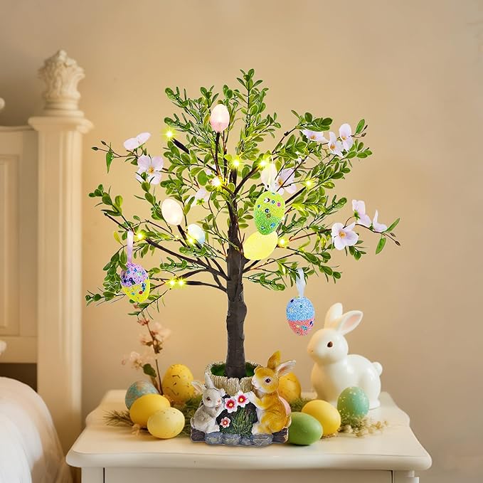 DR.DUDU Lighted Easter Tree 23.5 Inch - Pre-Lit Easter Decorations for Table with Eggs & Bunny Pot, Spring Trees Centerpiece with Lights for Dining Room, Home, Mantel, Office Décor